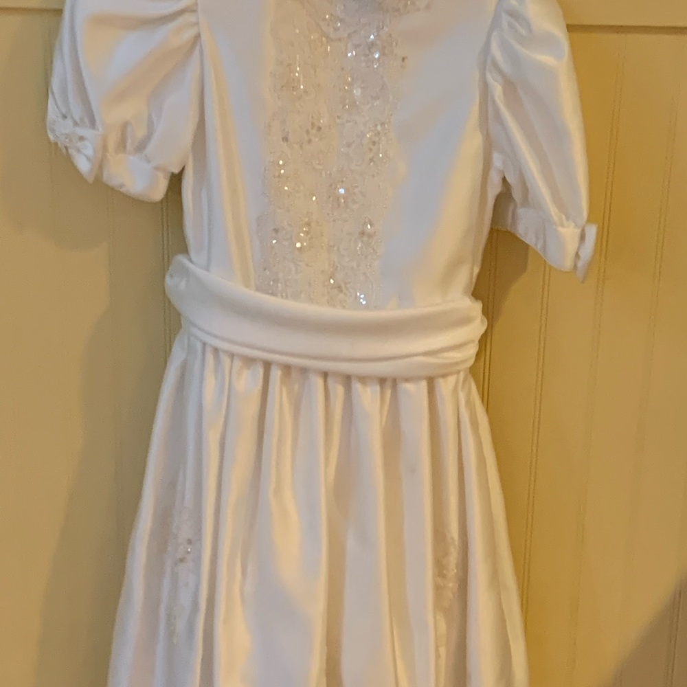 White Communion/Flower Girl Dress with scalloped beaded hem.